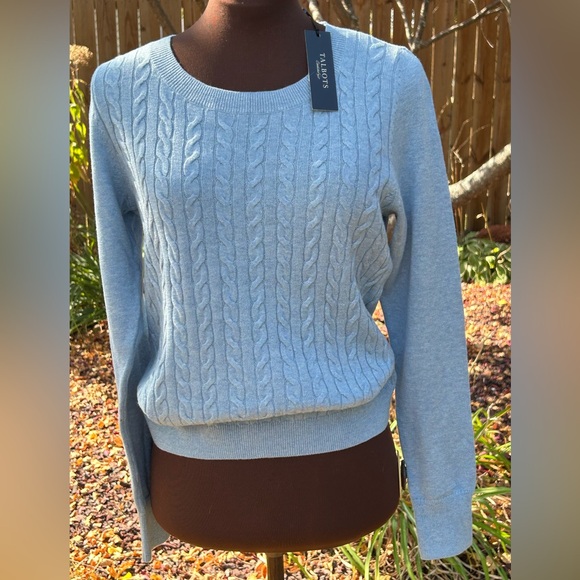 NWT TALBOTS cable knit blue heather sweater sMP cotton/poly/wool blend Soft! - Picture 1 of 6